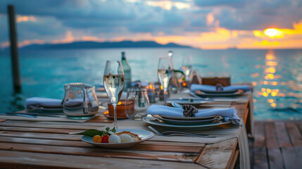 A seaside dining table set for a romantic dinner, with a view of the ocean and the sound of waves in the background