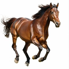 Obraz premium A brown horse with flowing mane and tail running forward against a white background.