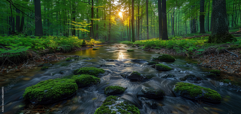 Wall mural A stream of water with moss and rocks in the foreground. The water is clear and calm. The sun is shining on the water, creating a beautiful reflection. The scene is peaceful and serene