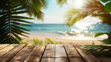 Product display on a stylish wooden table top at a sunny tropical beach, featuring a sea bokeh background