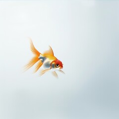 Fototapeta premium A single goldfish swims gracefully against a white background. Its orange and white scales shimmer in the light.