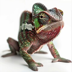Obraz premium A vibrant chameleon with green, red, and white scales stares directly at the camera. The chameleon is isolated on a white background.