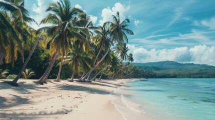 Stunning tropical beach panorama with lush coconut palm trees lining the shore