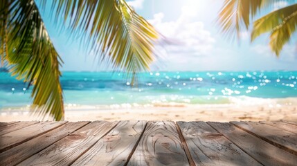 Summer-themed product display on a wooden table top at a tropical beach