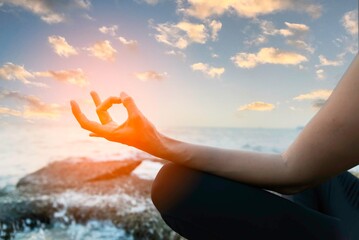 Lifestyle woman yoga exercise and pose for healthy life. Young girl or people pose balance body vital zen meditation for workout nature background