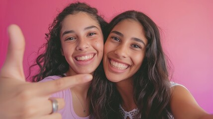 Love on the screen! Mother and daughter Latin-style vloggers pose together to thank followers, fingers pressed together to thank for attention. The close mother and child take selfies and look into th