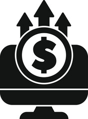 Black and white icon of computer screen with dollar sign and three arrows pointing up representing a successful online business