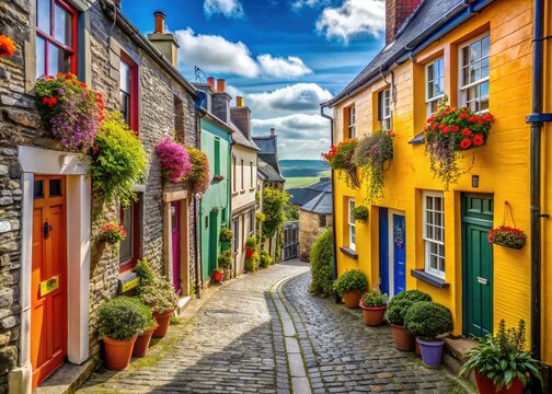 Vibrant facades, rustic doorways, and ornate signs adorn narrow, winding cobblestone streets in Kinsale, Cork, Ireland, evoking a sense of nostalgic, seaside charm.