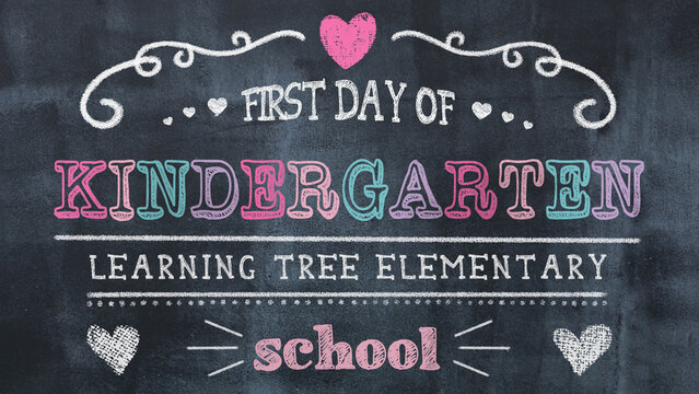 Chalkboard-themed "First Day of Kindergarten" sign with colorful, playful lettering. Perfect for back-to-school announcements, classroom decorations, and photo props.