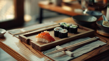 A traditional Japanese table setting with sushi, chopsticks, and a minimalist aesthetic