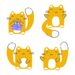 Super Kawaii Cute Cats set. Adorable Cat with a gift, with paws raised in greeting, with paws on the belly. Icons, stickers, cute domestic cats