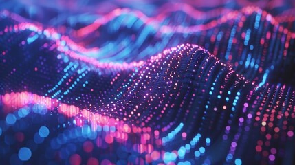 Digital flow  blockchain data fields with ai technology in 3d music waves   cyber big data concept