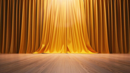 The empty theatre stage with a vibrant yellow curtain provides a perfect backdrop for the spotlight to shine on upcoming performances.