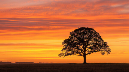 A silhouette of a lone tree against a vibrant golden sunset, with the sky ablaze in hues of orange and pink