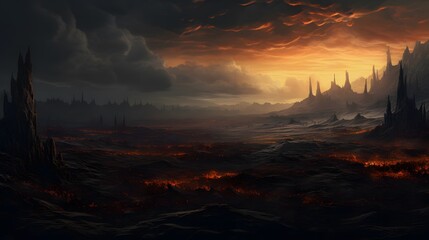 Dramatic sunset over dark landscape