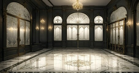 art deco entrance doorway of palace mansion interior. white victorian floral embellishments and art nuevo gothic style with black and gold ornamentals detailing. white marble floor.