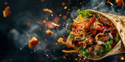food photography of chicken shawarma with vegetables and cheese in flying full wrap, dark background, flying particles, smoke, dust, food advertising