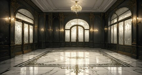 Obraz premium art deco entrance doorway of palace mansion interior. white victorian floral embellishments and art nuevo gothic style with black and gold ornamentals detailing. white marble floor.