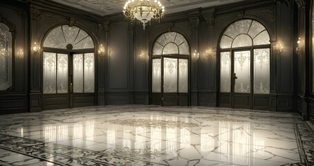 Fototapeta premium art deco entrance doorway of palace mansion interior. white victorian floral embellishments and art nuevo gothic style with black and gold ornamentals detailing. white marble floor.