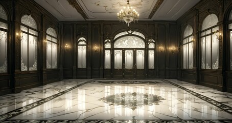 Obraz premium art deco entrance doorway of palace mansion interior. white victorian floral embellishments and art nuevo gothic style with black and gold ornamentals detailing. white marble floor.