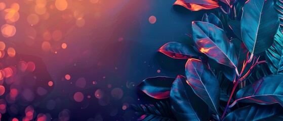 Obraz premium An artistic composition of tropical leaves bathed in neon light, with a blend of blue and pink hues, creating a vibrant and exotic atmosphere.