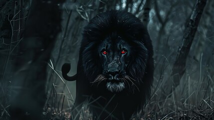 Fierce Black Lion with Red Eyes: Evil Demon Lion in Dark Forest