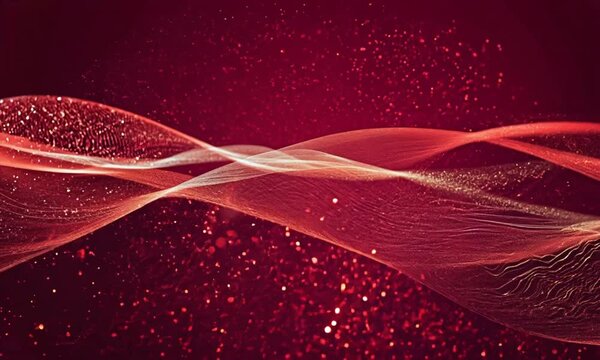 An abstract red wave pattern with sparkling particles on a dark background, creating a dynamic and vibrant visual effect