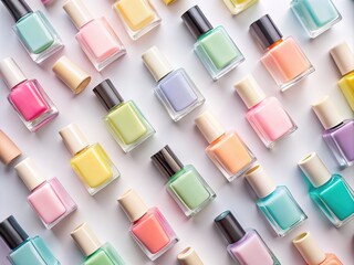 Colorful assortment of pastel-hued nail polish bottles arranged artfully on a clean white background, showcasing a minimalist flat lay pattern of vibrant beauty products.