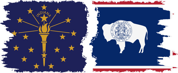 Wyoming and Indiana states grunge brush flags connection vector