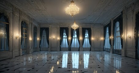 Obraz premium white ballroom corridor of mansion building palace cathedral gothic house at night. art deco art nuevo style with chandelier, windows, curtains, and candles.
