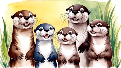 Obraz premium Playful and curious family of otters