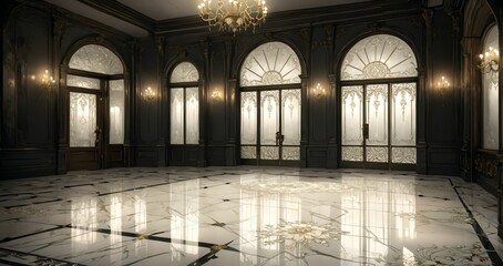 Fototapeta premium interior entrance door of gothic house palace castle ballroom mansion lobby. white and black art deco art nuevo dark black style with filigree ornamental floral embellishments.. 