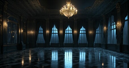 Obraz premium patio terrace balcony of palace mansion house at night. flowers, candles, and floral embellishments of black gothic art deco porch with tall windows and city view.