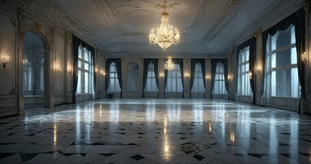 Fototapeta premium white ballroom corridor of mansion building palace cathedral gothic house at night. art deco art nuevo style with chandelier, windows, curtains, and candles.