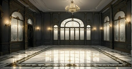 Obraz premium interior entrance door of gothic house palace castle ballroom mansion lobby. white and black art deco art nuevo dark black style with filigree ornamental floral embellishments.. 