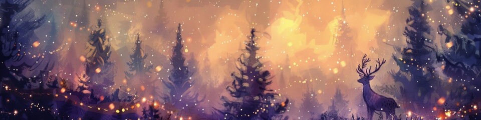 Abstract Wallpaper of a Magical Forest with Christmas Trees and Glowing Lights, Featuring Deer and Festive Elements. Watercolor Anime Style, Perfect for Fairy Tale Storybooks, Holiday Banners, and Cel