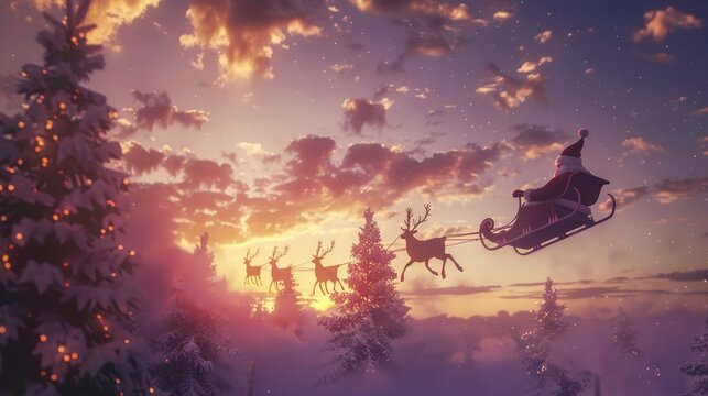 Enchanting scene santa claus soaring in sleigh with reindeer across the night sky - Powered by Adobe