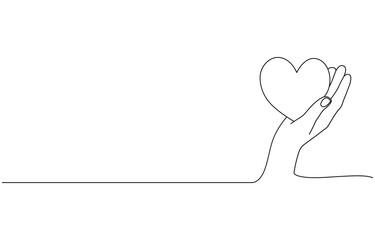 One continuous single line drawing of hand give love isolated on white background minimalism design, One continuous line drawing of hand holding heart. Support concept. Charity vector illustration.