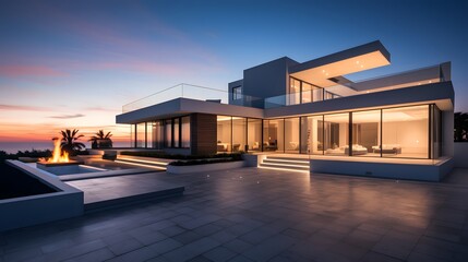 Obraz premium Luxury villa with pool and garden illuminated at night