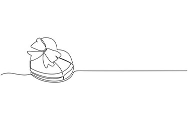 Box with chocolate continuous line drawing. One line art of decoration, sweets,cupcakes, muffin, chocolate, gift, romance, March 8, birthday, valentine s day, relationship, love, Gift box with bow one