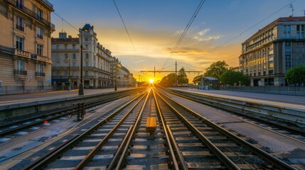 Obraz premium Train at main station. crossings and for the arrival and departure of trains.