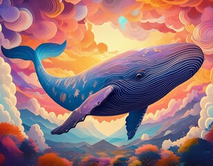 A mythical whale flying through the sky filled with vibrant clouds.