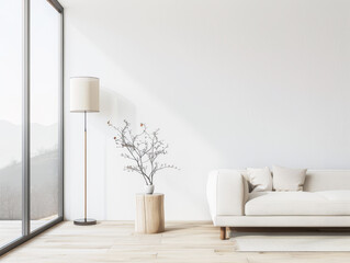 Minimalist apartment interiors composition with a large window, minimal furniture and a lamp. Property interiors composition with copy space for Real Estate advertising.
