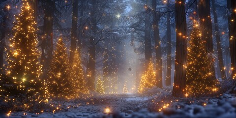 Fototapeta premium Abstract Wallpaper of a Magical Night Forest with Christmas Trees and Glowing Lights, Symbolizing Hope and Faith. Perfect for Religious and Cultural Holiday Banners, Watercolor Anime Style for Fairy T
