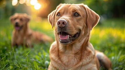 A happy, panting dog sitting in the grass, perfect for a banner or background, radiating joy
