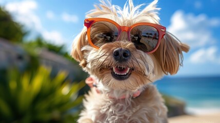 A happy, smiling dog in sunglasses, with a blue sky in the background, on a bright sunny summer day, radiating joy