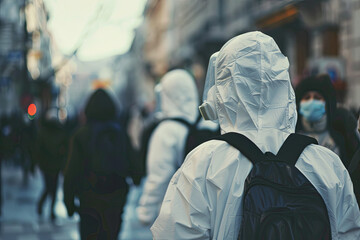 Obraz premium People in biohazard suits on city streets due to pollution and contamination