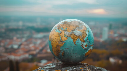 Globe resting on a rock with a city backdrop.