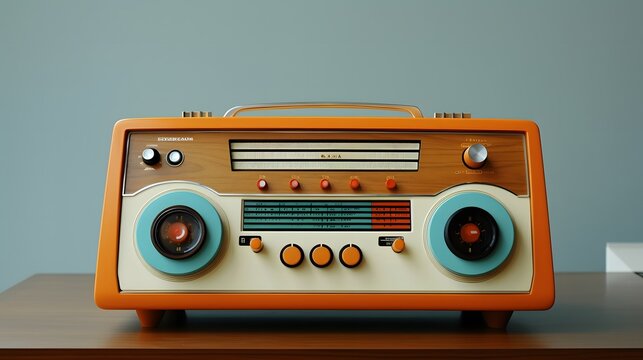 Retro orange radio with knobs and buttons on a wooden table