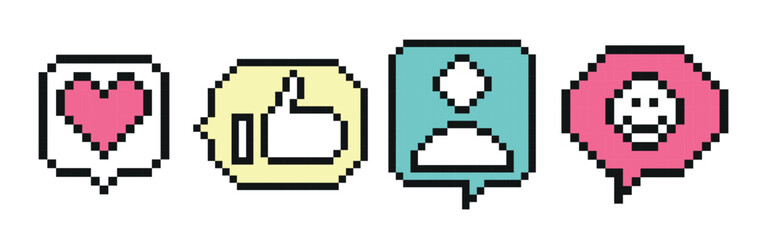 Collection of mixed pixelated speech bubble. Social network 8 bit pixel art  icons pack. Like, comment, follow, thumb-up. Notification set with heart, user, speech bubble, human hand.